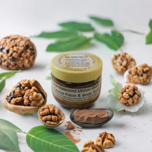 Sandalwood Ubtan Walnut Scrub jar with natural ingredients for glowing skin