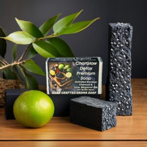 "CharGlow Detox Soap with bamboo charcoal and lime for glowing Indian skin"