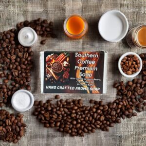 "Southern Coffee Soap with roasted Arabica beans, carrot seed oil & cocoa butter for glowing skin."
