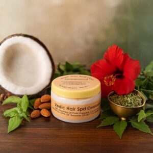 : Spaanand Organic Vedic Hair Spa Conditioner bottle surrounded by coconut, almonds, hibiscus, and other Ayurvedic herbs