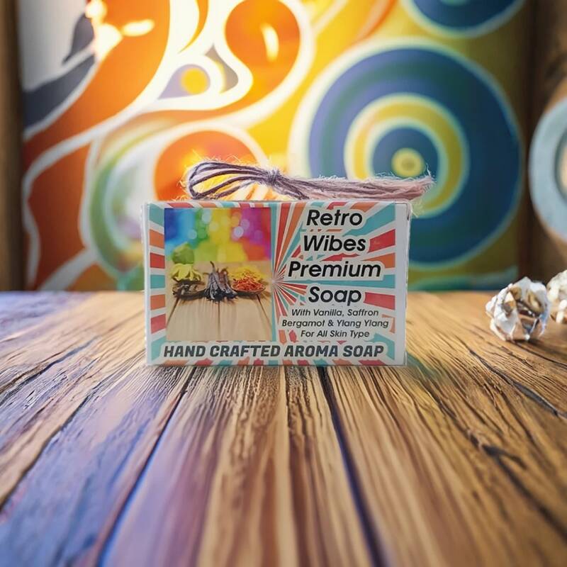retro soap "Retro Vibes Natural Soap with Camphor, Vanilla, Bergamot & Ylang Ylang on Rustic Wooden Tray"
