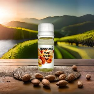 Pure Moroccan argan oil bottle with golden droplets on almond and rose petals