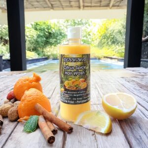 "Ayurvedic Hair Care: Citrus Spice Shampoo for Strong, Dandruff-Free Hair" Citrus Spice Natural Shampoo Bottle with Lemon, Orange, and Peppermint for Dandruff Control